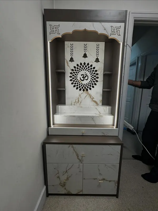 Fitted mandir unit in marble effect with lit alcove